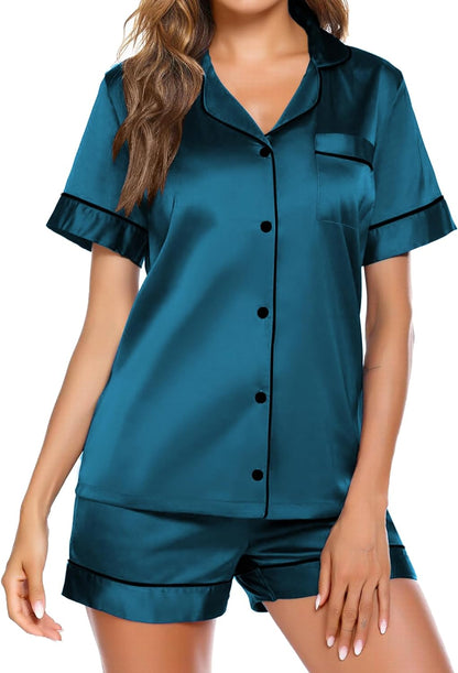 Pajamas for Women Set Silk Satin Pjs Button down Sleepwear Summer Loungewear Top and Shorts Lounge Set S-XXL
